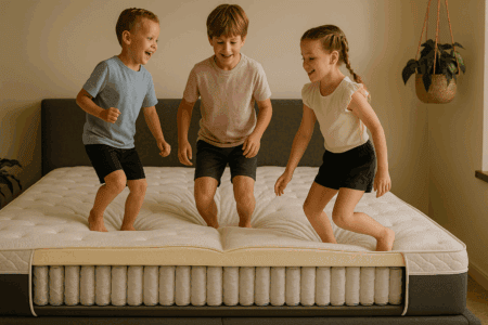 Children jumping on a hybrid mattress in a bright bedroom, illustrating comfort, support, and durability in modern mattress design.