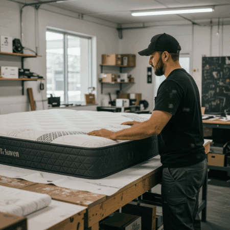 Memory foam mattress testing in a manufacturing facility for personalized sleep comfort.