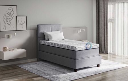Comfortable gray upholstered bed with a striped mattress in a modern bedroom featuring minimalist decor. Perfect for a restful sleep and ideal for bedroom furniture shopping.