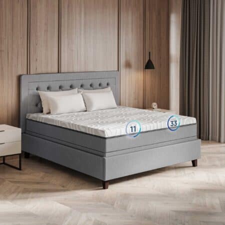 Comfortable mattress on a modern bed frame with dimensions 11 inches by 33 inches, suitable for sleeping comfort.
