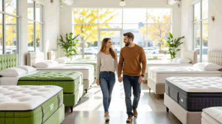 Luxurious mattress showroom with natural sunlight, couples walking and exploring different mattress options, highlighting sleep comfort, mattress shopping, and buying guidance.