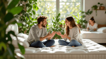 Cozy couple talking and smiling on a comfortable mattress in a bright, plant-filled bedroom for better sleep and mattress buying advice.