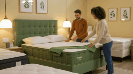 Soft green mattress with tufted headboard displayed in a mattress store showroom for bed shopping and mattress comparison.