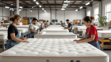 Comfortable mattress manufacturing process at a factory, focusing on mattress quality, craftsmanship, and sleep health. Reflects the importance of choosing the right mattress for better sleep.