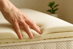 A man’s hand presses into exposed latex layers of a mattress to examine the texture and density of the foam, illustrating how not all latex marketed as “natural” is fully natural.