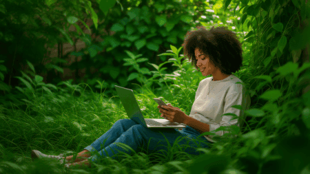 Woman sitting outdoors with laptop and phone in lush green garden, exploring mattress buying tips, sleep health, and mattress reviews on The Mattress Underground, a trusted resource for mattress guidance and sleep comfort.