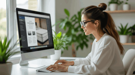 High-quality image of a woman designing a mattress product online on a desktop computer, representing mattress shopping and mattress reviews from The Mattress Underground.