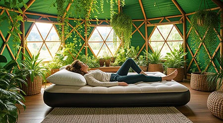 Relaxed Woman Laying on an Airbed in a and eco-friendly sleep retreat