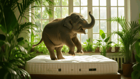 A playful elephant jumps onto a mattress in a lush green bedroom, symbolizing mattress durability and long-lasting support.