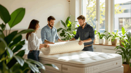 A couple examines a latex mattress topper in a showroom while learning about the pros and cons of latex materials.