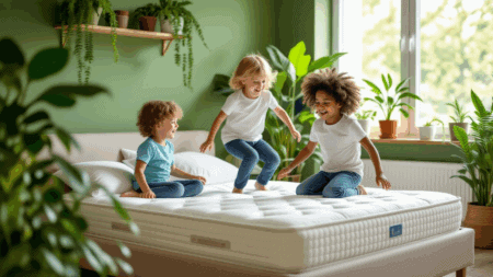 Bright, comfortable mattress for kids in a green bedroom, with children playing and laughing, emphasizing healthy sleep environments and mattress safety for children.