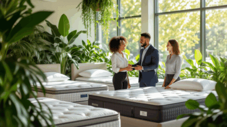 Comfortable mattress showroom with greenery, featuring customer service and mattress selection.