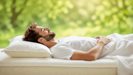 Soothing man sleeping peacefully on a mattress in a natural outdoor setting, emphasizing comfort, sleep quality, and mattress buying tips.