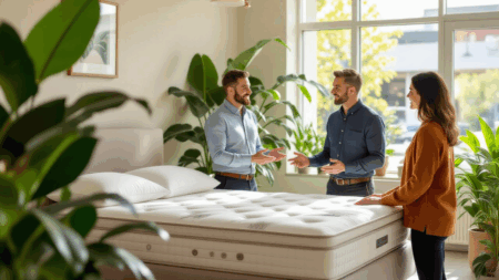 Luxurious hotel mattress showcasing comfort and support in a bright, modern bedroom with large windows and lush green plants for a relaxing sleep environment.