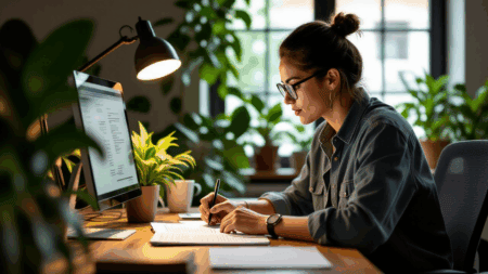 A woman working at a desk on her computer with green plants in the background, representing research and decision-making in the mattress industry.