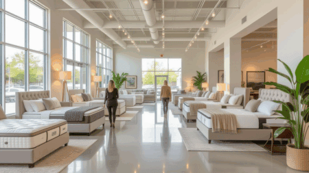 Large modern mattress showroom with multiple beds, natural lighting, and cozy decor, perfect for exploring high-quality mattresses and sleep accessories.