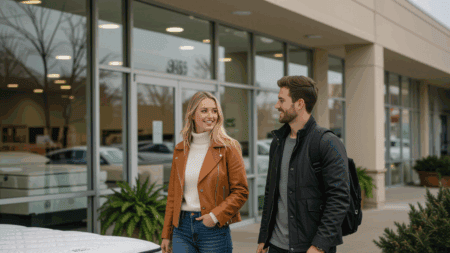 Authentic couple discussing mattress shopping outside a mattress store, promoting mattress buying tips and selecting the best mattress for sleep comfort and health.