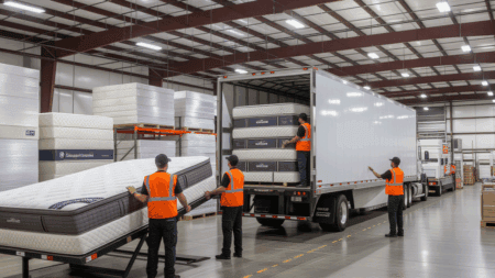 Mattress warehouse workers unload mattresses in a large distribution center.