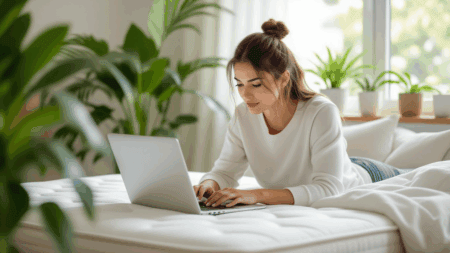 Comfortable young woman researching mattress guides on laptop in bright bedroom with plants, promoting healthy sleep, mattress buying tips, and mattress reviews for better sleep quality at The Mattress Underground.