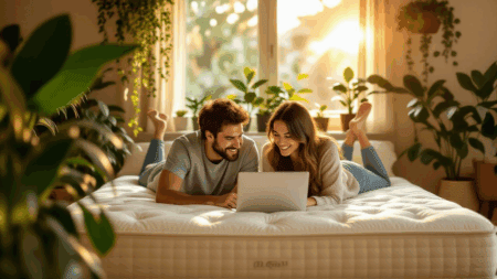 Relaxed couple enjoying online shopping for a new mattress in a cozy, sunlit bedroom filled with lush houseplants. Perfect for finding quality mattresses and getting sleep advice from The Mattress Underground.