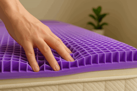 Flexible slab of buckling column gel meant to be used as a mattress comfort layer for enhanced sleep comfort and pressure relief.
