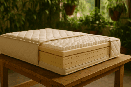 A detailed cutaway of a mattress showing the microcoil layer between comfort and support layers, highlighting how microcoils enhance breathability, responsiveness, and contouring support.