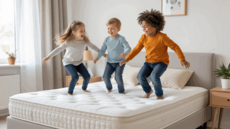 Kids jumping on mattress in bedroom, happy children playing on comfortable bed, cozy sleep environment, supportive mattress, Mattress Underground featured image.