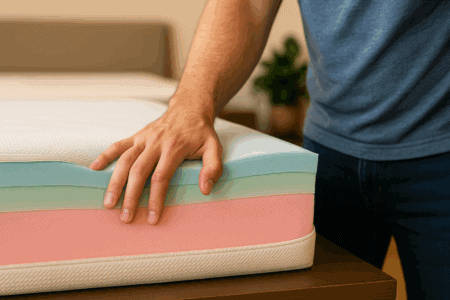 A cutaway view of an all-foam mattress showing multiple polyfoam layers in different colors to demonstrate variations in density, firmness, and support across the core structure.