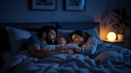 Comfortable family sleeping on mattress in dark bedroom promoting quality sleep and mattress buying tips.