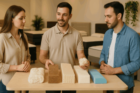 Comfortable people discussing mattress materials and sleep surface options at The Mattress Underground for better sleep quality and mattress buying guidance.