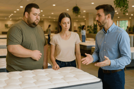Comfortable mattress shopping in a mattress store with a knowledgeable salesperson and customers examining a mattress for sleep quality and mattress features.