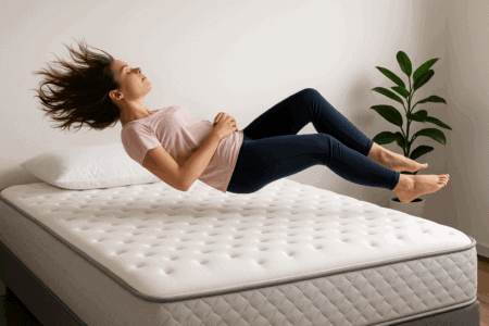 Relaxing woman jumping on mattress, sleep comfort, mattress selection, sleep health, mattress shopping, The Mattress Underground, mattress buying tips, sleep better, mattress reviews, sleep solutions, mattress research, comfortable sleep environment.