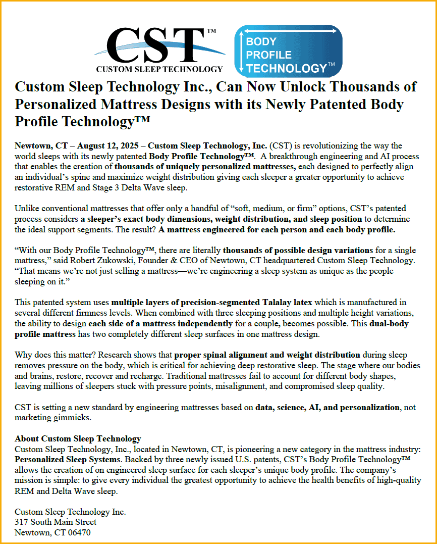 Body Profile Technology for Personalized Mattress Designs with Custom Sleep Technology Inc. - Unlock thousands of unique sleep system options.