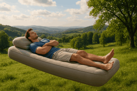 A person relaxing on an inflatable airbed in an outdoor setting, showcasing the comfort, portability, and versatility of traditional air mattresses used for camping or temporary sleep setups.