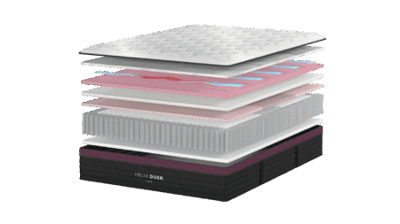 Layered mattress components diagram, showing foam, memory foam, latex, pocket coils, and comfort layers, illustrating mattress construction and materials for optimal sleep support.