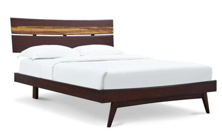 Modern wooden bed with sleek design, featuring a dark wood frame and a stylish headboard with a natural wood accent, ideal for a comfortable sleep environment.