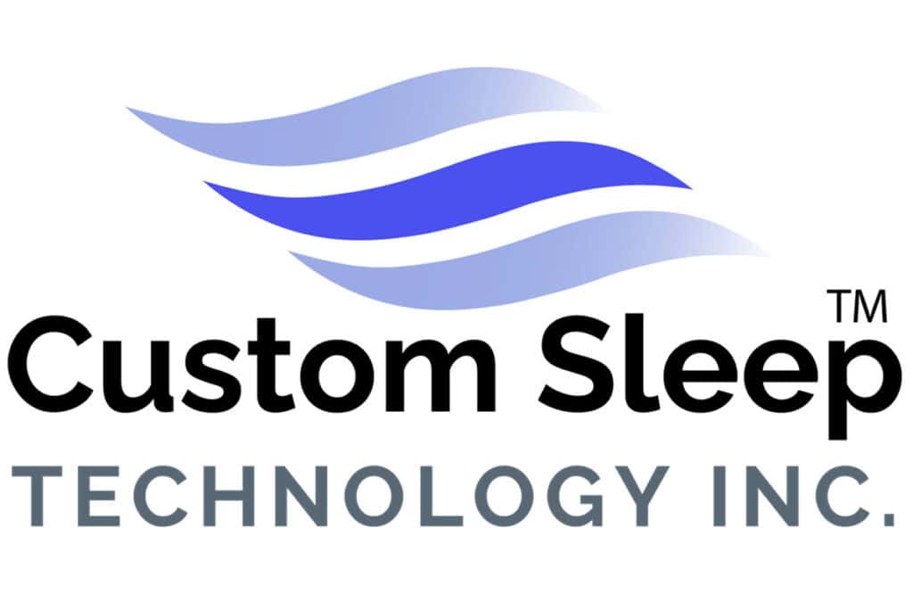 Custom Sleep Technology logo featuring stylized blue and gray waves representing comfort and sleep innovation.
