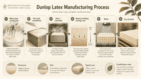 Diagram of Dunlop latex manufacturing process showing steps from latex compound to final product with structure, feel, and certification icons.
