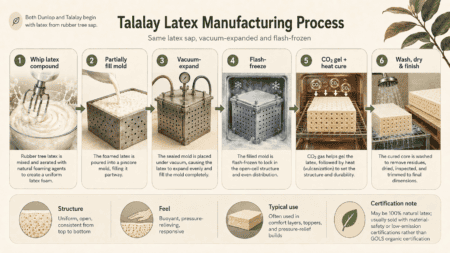 Diagram of Talalay latex manufacturing process showing steps from latex compound to finished product.