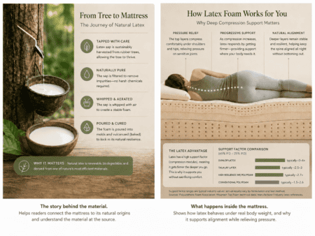 Infographic showing natural latex from rubber tree sap to mattress foam, alongside a support factor comparison chart for Dunlop latex, Talalay latex, high-resilience polyfoam, and conventional polyfoam, illustrating how deeper compression support differs by material.