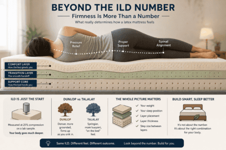 Diagram illustrating latex mattress layers, firmness ratings, and support features for better sleep and spinal alignment.