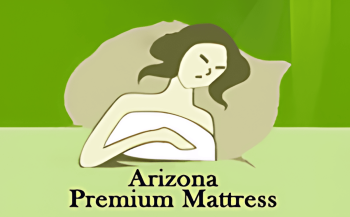 Soft illustration of a woman with dark hair lying in bed on a green background, promoting Arizona premium mattress options.
