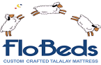 Flobeds custom crafted talalay mattress with cartoon sheep illustration for mattress comparison and sleep comfort keywords.