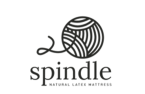 Soft black yarn ball with "spindle" text logo, representing knitting, sewing, or mattress crafting, suitable for mattress and bedding enthusiasts.