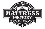 Black and white logo of The Mattress Factory with vintage font and decorative elements, signifying quality mattress craftsmanship since 1896.